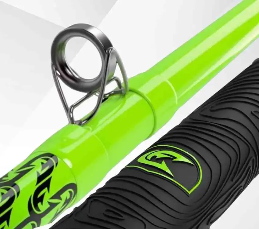 Close-up details of the Hellcat Revenge® fishing rod showing multiple component construction features.