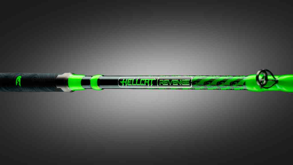 Green Hellcat Revenge Rod Series by Catch The Fever, heavy-power freshwater fishing rod engineered for large predators including catfish, musky, pike, striped bass, hybrid bass, and Murray cod-class fisheries.