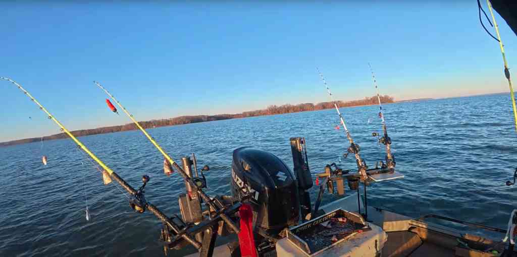 The team’s catfish arsenal in action: rods fanned out for maximum coverage on a crisp winter lake.