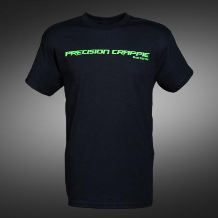 Black Precision Crappie® short-sleeve T-shirt with green Precision Crappie logo.