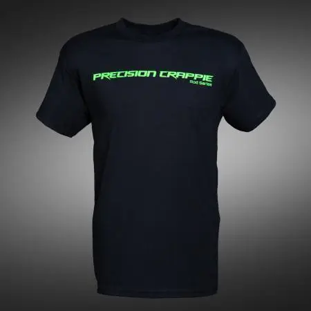 Black Precision Crappie® short-sleeve T-shirt with green Precision Crappie logo.