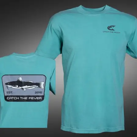 Front and back view of a cyan Catfish short sleeve lifestyle T‑shirt featuring the Catch The Fever® logo and a fish graphic with 'EST. 2015' text.