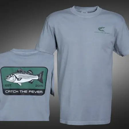 Front and back views of a grey Striper short sleeve lifestyle T t‑shirt featuring a large green patch on the back with a striped bass graphic, “EST. 2015” and the Catch The Fever® logo, and a small Catch The Fever® logo on the chest.