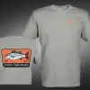 Front and back views of a tan Striper short sleeve lifestyle T t‑shirt featuring a large orange patch on the back with a striped bass graphic, “EST. 2015” and the Catch The Fever® logo, and a small orange Catch The Fever® logo on the chest.