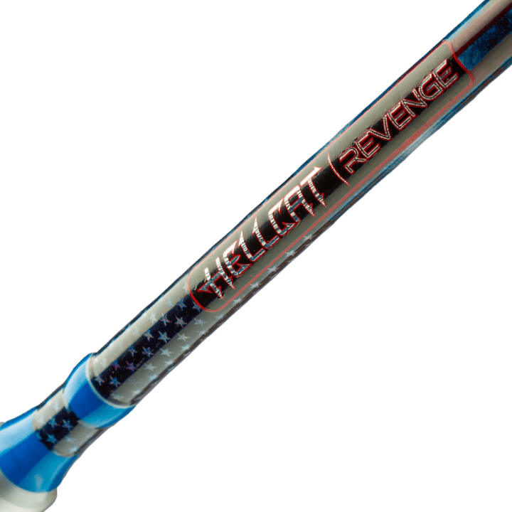 Close-up of the Hellcat Revenge Patriot fishing rod, showing blank finish, guide alignment, and component detailing.