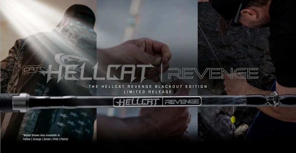 Hellcat Revenge Blackout Edition catfish rod featuring an all-black design engineered for trophy-class catfish and heavy freshwater or saltwater applications.
